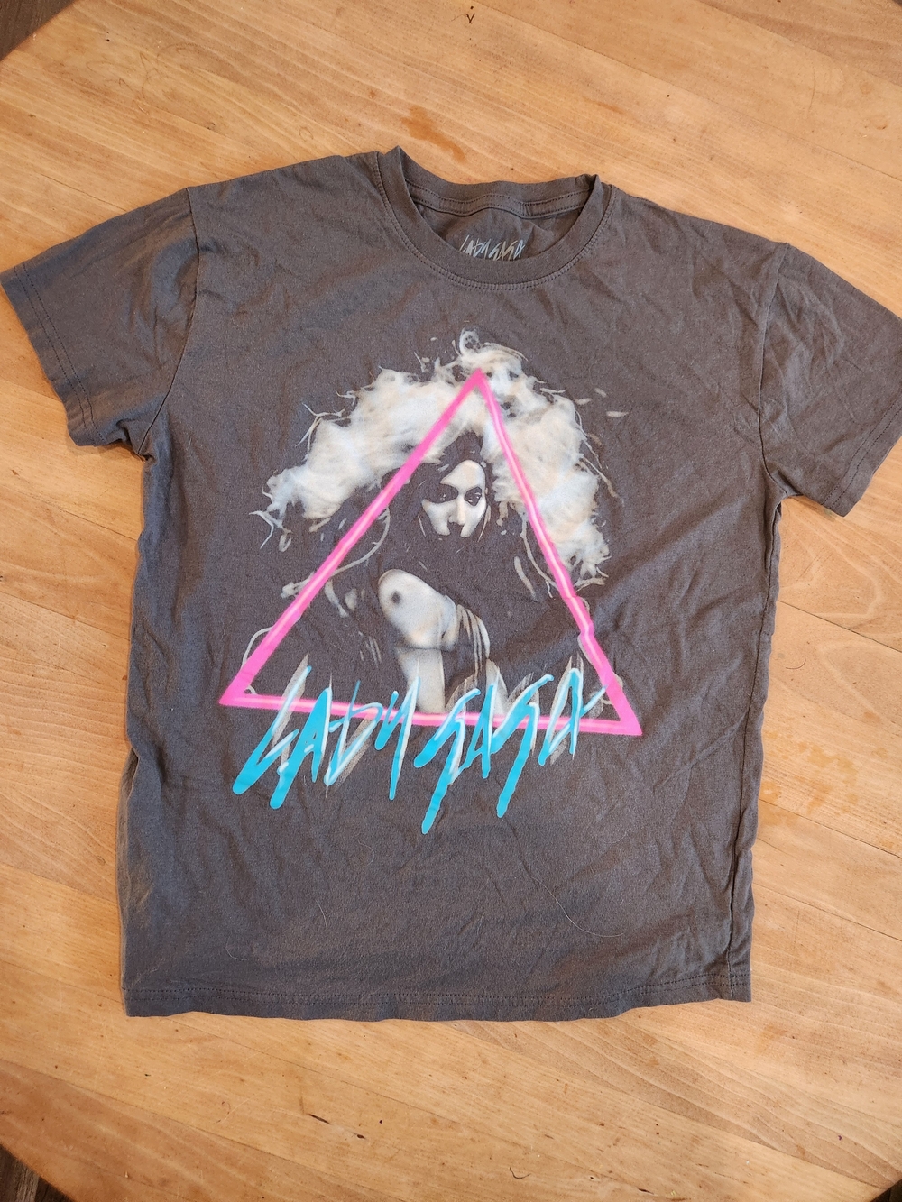 Lady Gaga Charcoal Tee with Neon Pink Triangle and Aqua Script